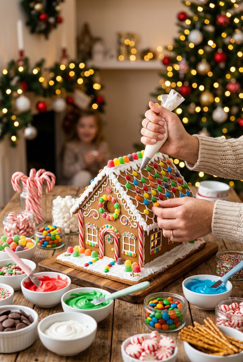 Hands decorating a gingerbread house with colorful icing and candies on a wooden table surrounded by decorating supplies.