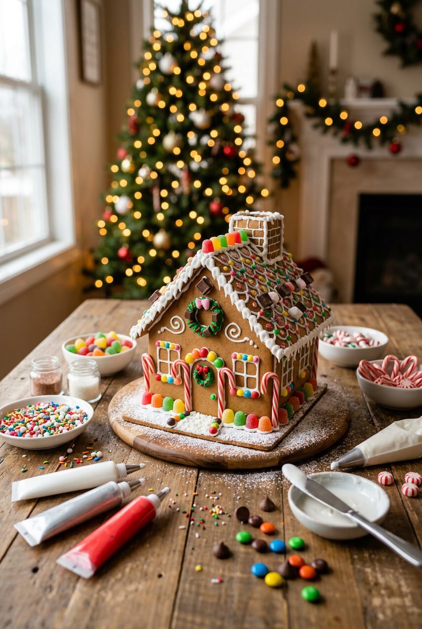 A decorated gingerbread house on a table surrounded by candy and decorating supplies.