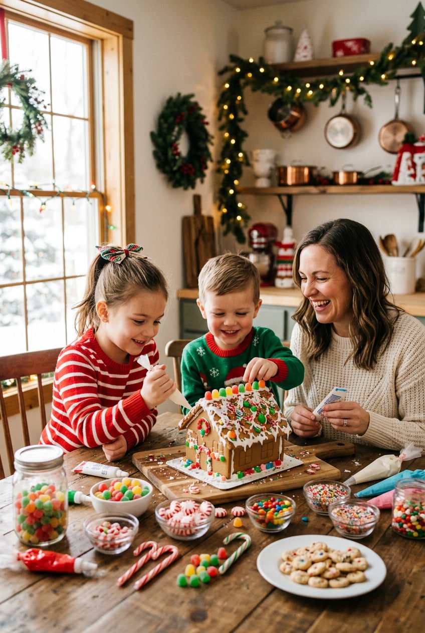 A family decorating a gingerbread house together at a table with colorful candies and icing.
