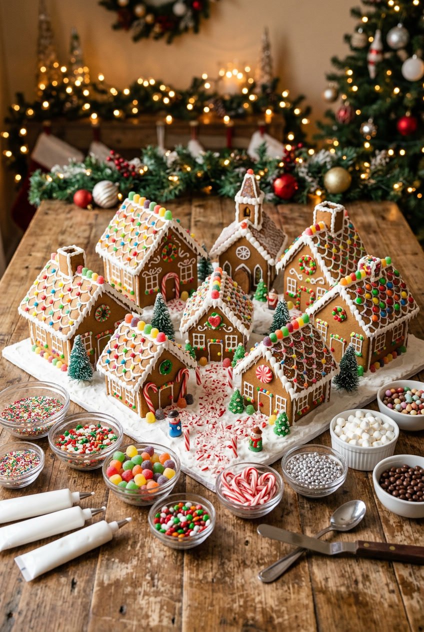 A display of several decorated gingerbread houses arranged together with bowls of candy and icing on a table, surrounded by holiday decorations.