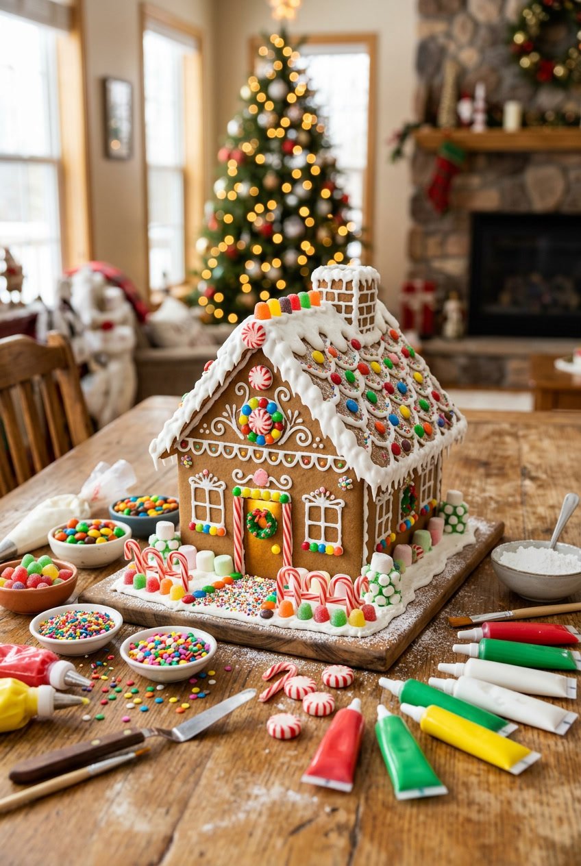 A decorated gingerbread house surrounded by candy and decorating supplies on a wooden table.