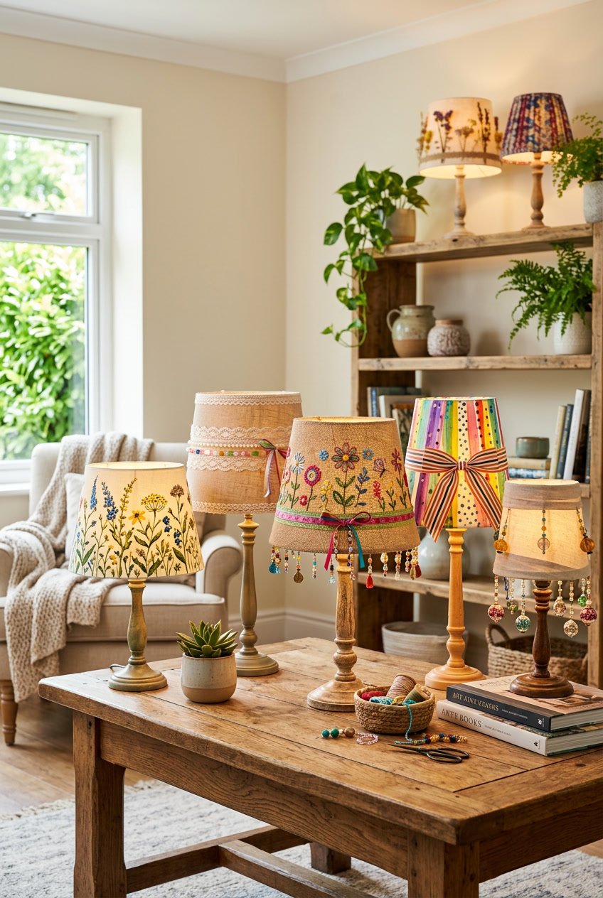 A collection of decorated lampshades with various patterns and embellishments displayed on a wooden table in a cozy living room.