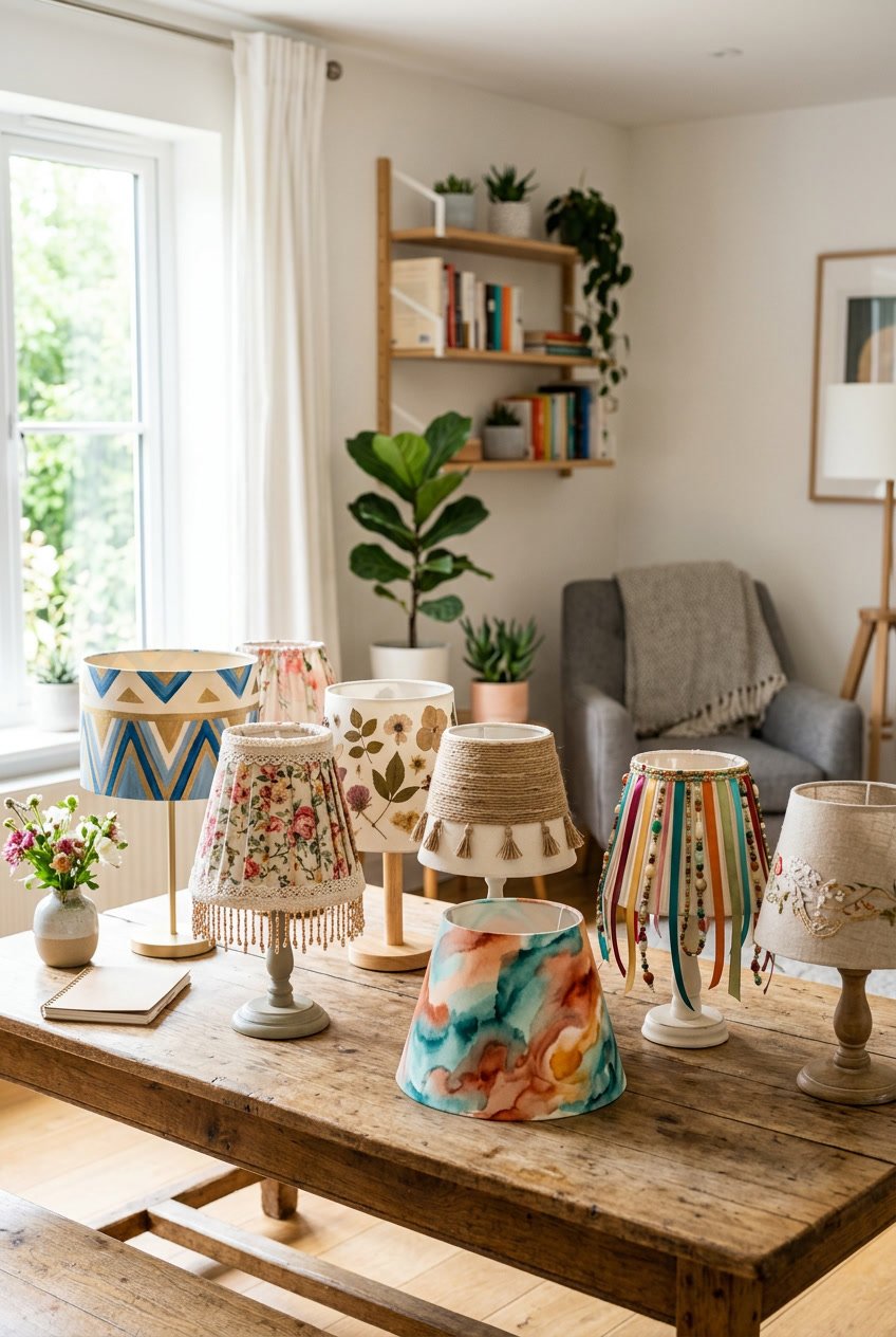 A collection of decorated lamp shades displayed on a wooden table in a bright living room with natural light and home decor in the background.