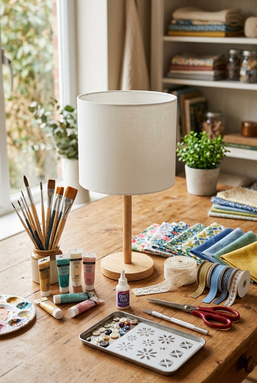 A workspace with tools and materials arranged around a plain white lamp shade ready for decoration.