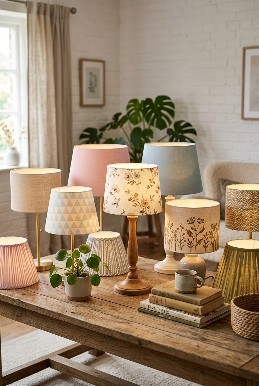 A collection of fabric lamp shades with various patterns and textures displayed on a table in a cozy room.