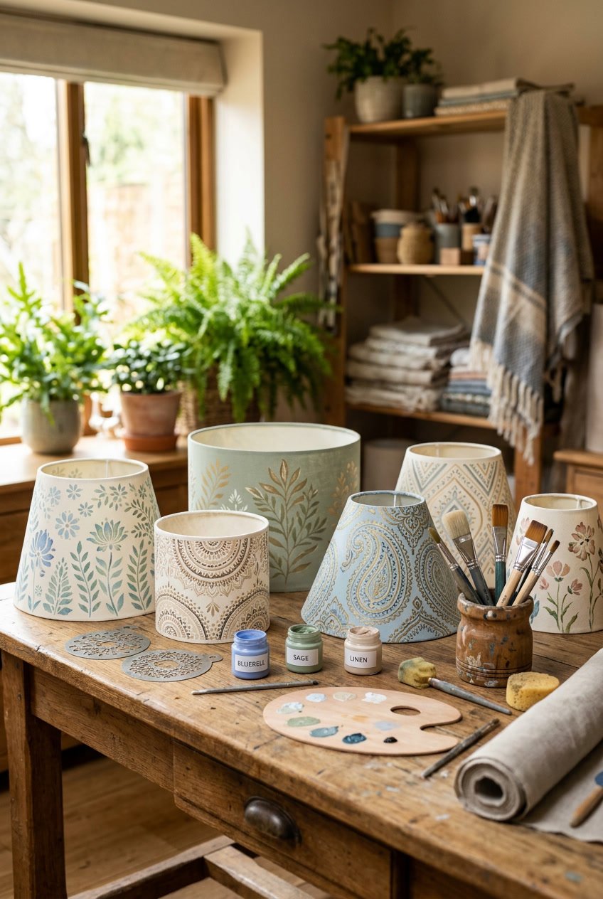 A collection of decorated lamp shades with painted and stenciled designs displayed on a wooden table with painting supplies nearby.