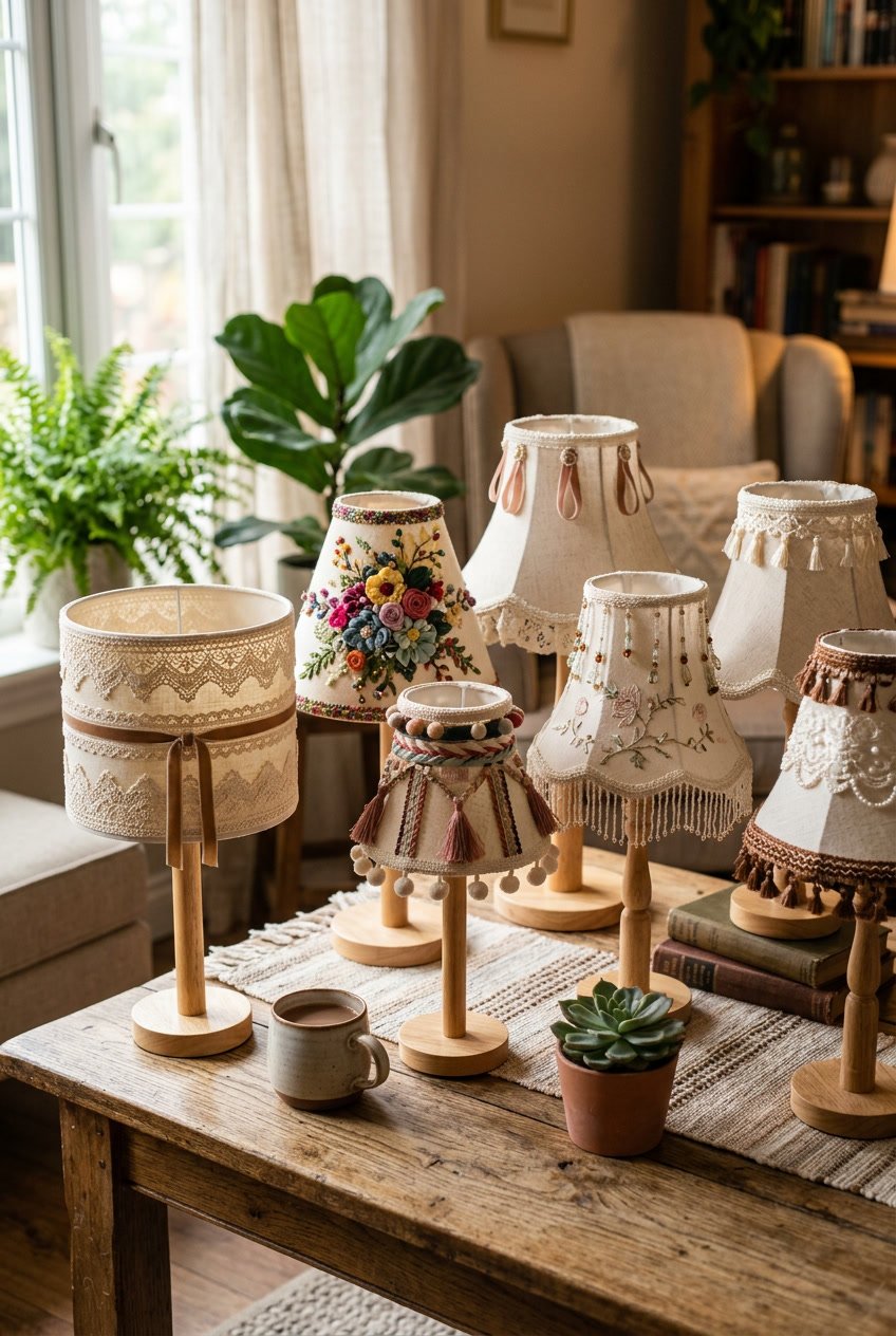 A collection of lampshades decorated with various trims and embellishments displayed on a wooden table in a softly lit room.