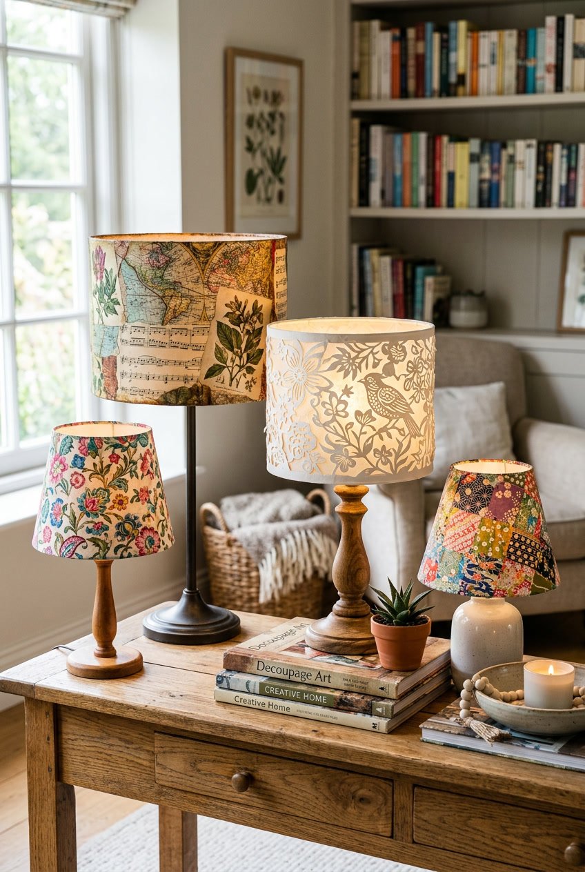 Several table lamps with creatively decorated paper lamp shades arranged on a wooden surface in a cozy room.
