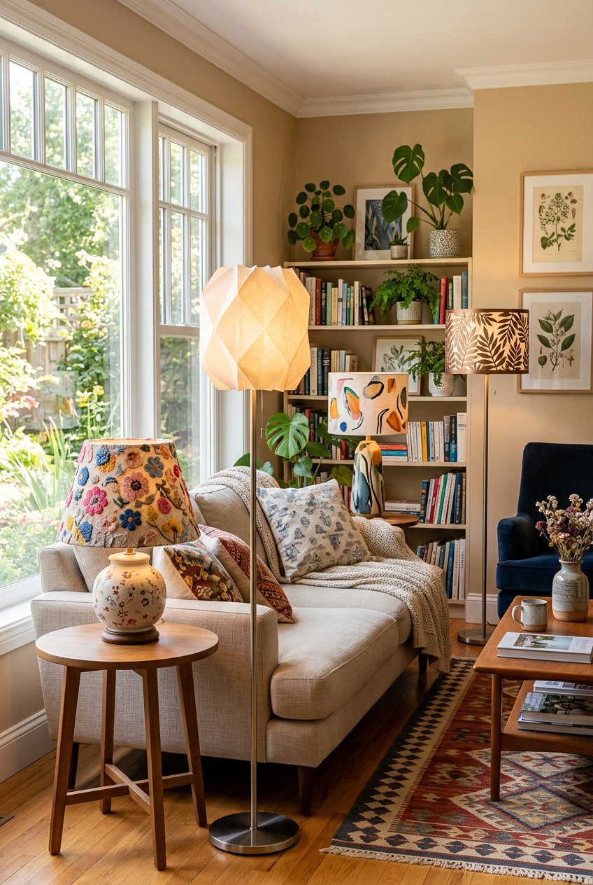 A cozy living room with various decorative lamp shades on table and floor lamps, surrounded by home decor and natural light.
