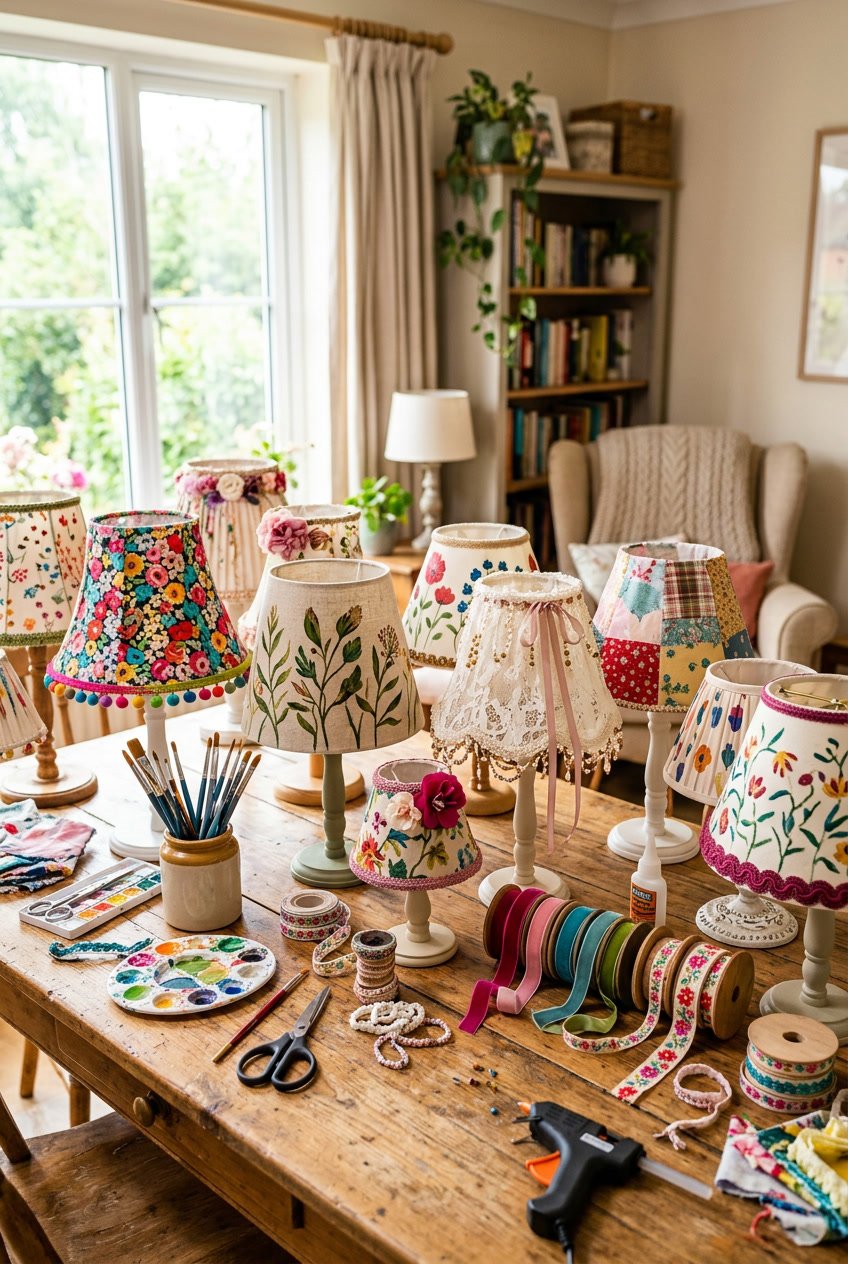 A table displaying various decorated lampshades with crafting supplies in a bright living room.