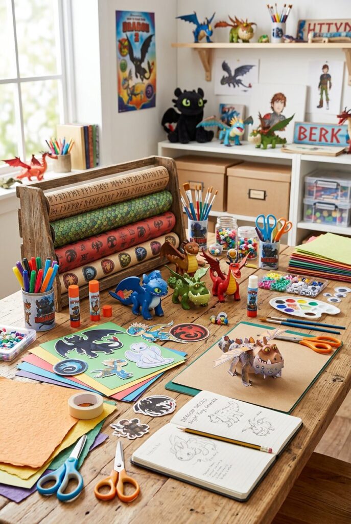 A craft table with How to Train Your Dragon themed paper cutouts, painted dragon figurines, scissors, glue, and colorful craft supplies.