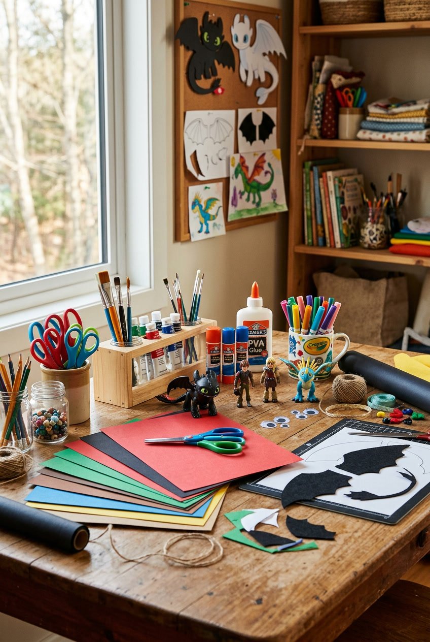 A craft table with colorful paper, scissors, glue, paintbrushes, markers, and small dragon figurines arranged neatly, with partially completed dragon crafts in the background.