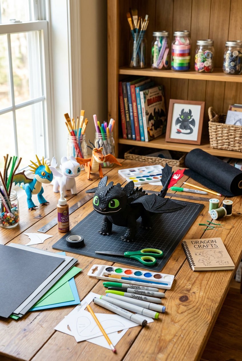 A workspace with colorful craft supplies and handmade dragon themed projects inspired by Toothless from How to Train Your Dragon.