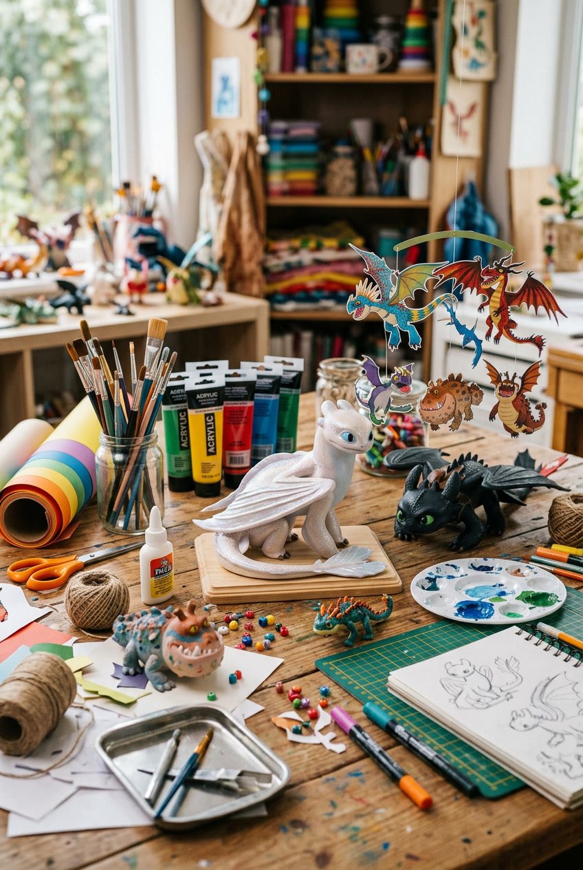 A table filled with handmade dragon crafts inspired by Light Fury and other dragons, surrounded by art supplies.