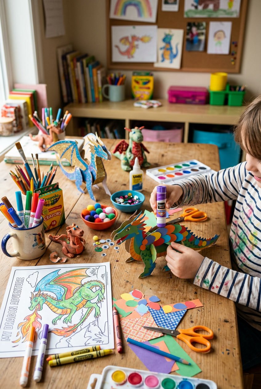 A child's hands working on colorful dragon crafts with coloring pages, markers, scissors, and paper models on a wooden table.