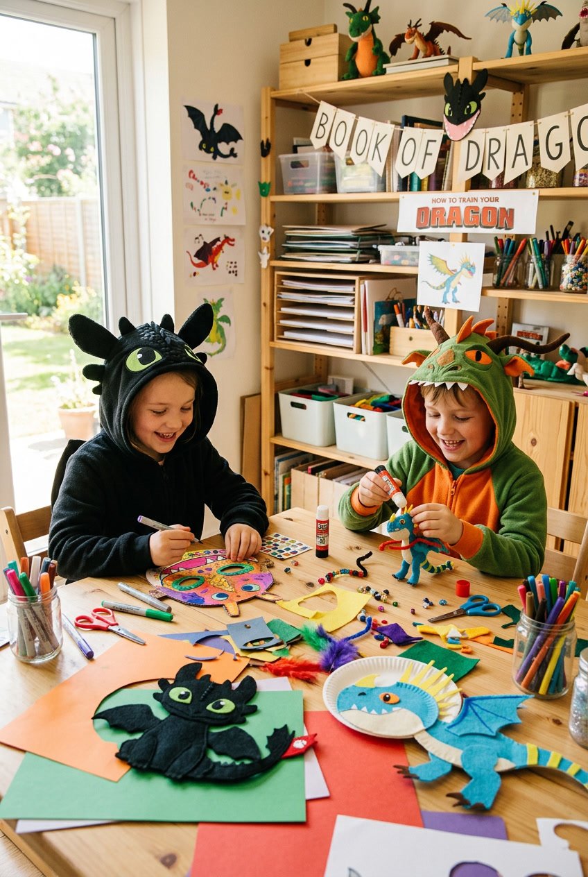 Children dressed as dragons making dragon crafts at a table filled with art supplies.