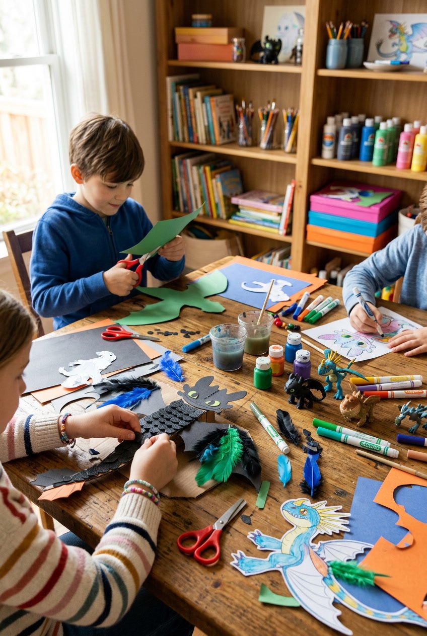 A table with children's hands making dragon themed crafts using paper, markers, and small figurines in a bright, cozy room.