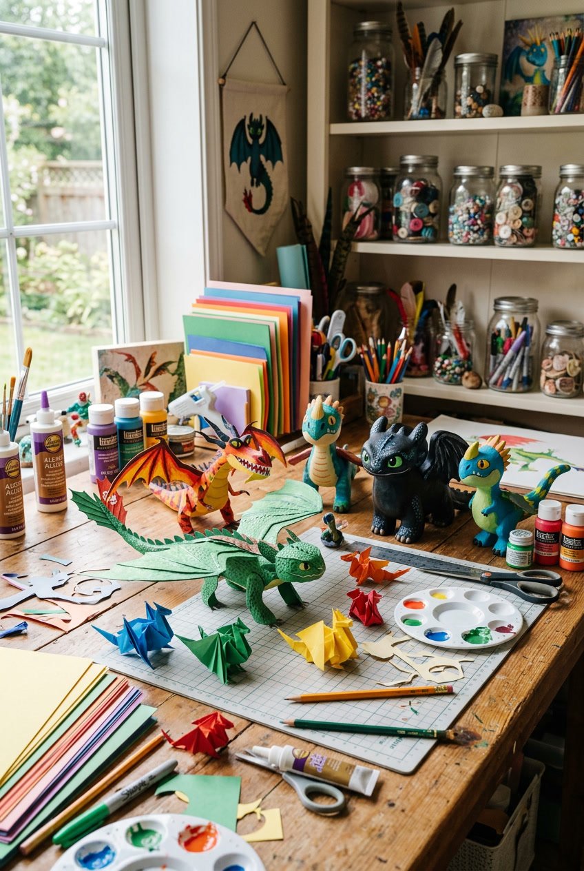 A crafting table filled with colorful handmade dragon crafts and art supplies in a cozy craft room.