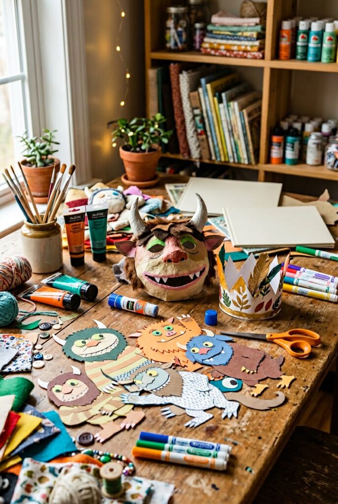 A craft workspace with handmade monster masks, colorful paper cutouts, and art supplies arranged on a wooden table.