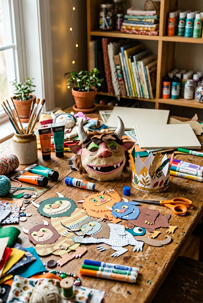 A craft workspace with handmade monster masks, colorful paper cutouts, and art supplies arranged on a wooden table.