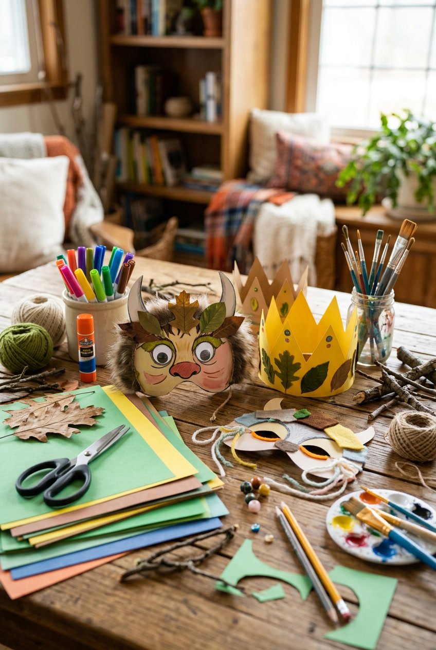 A craft workspace with supplies like paper, scissors, glue, and handmade masks inspired by 'Where the Wild Things Are' on a wooden table.