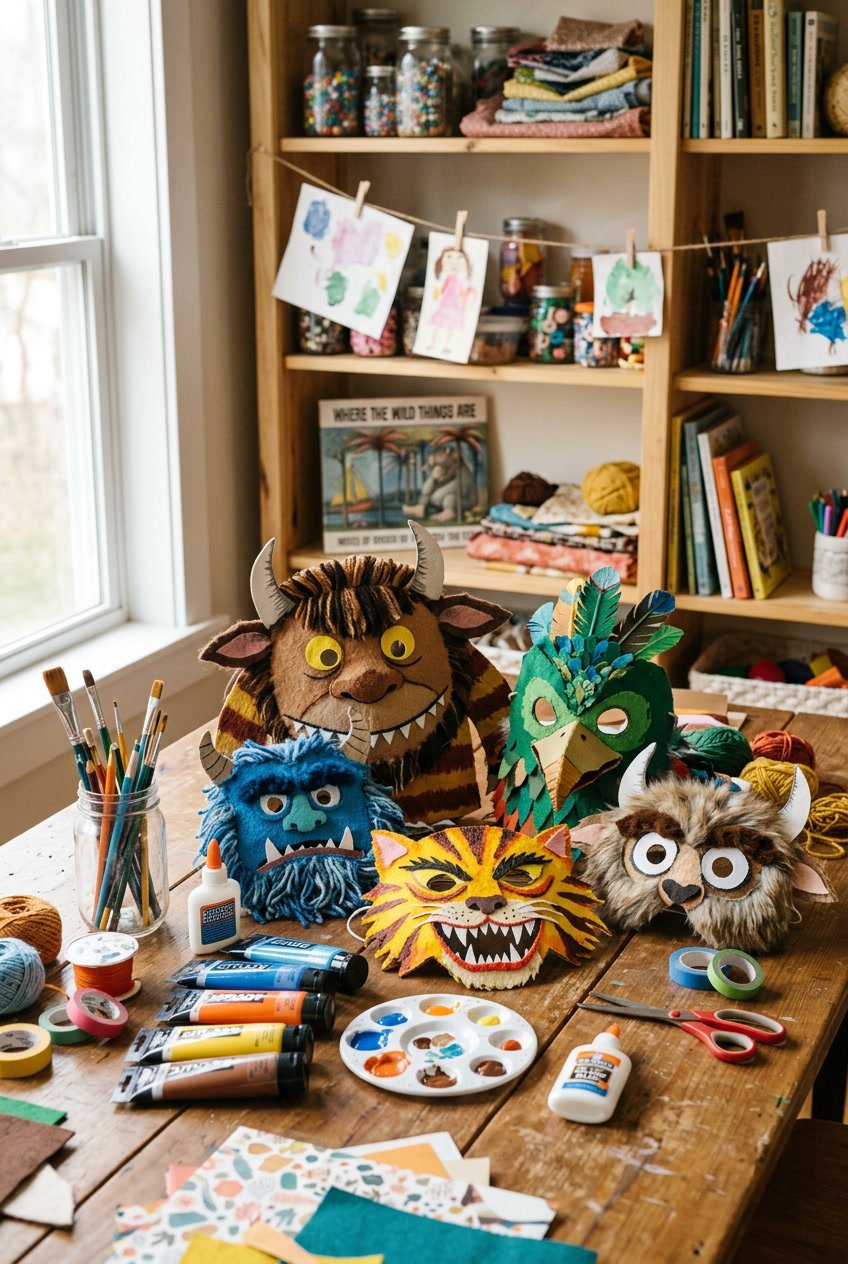 A craft workspace with colorful handmade masks and various art supplies on a wooden table.