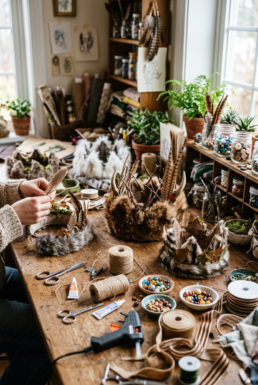 A wooden table with handmade crowns decorated with leaves, feathers, and craft supplies in a cozy craft studio.