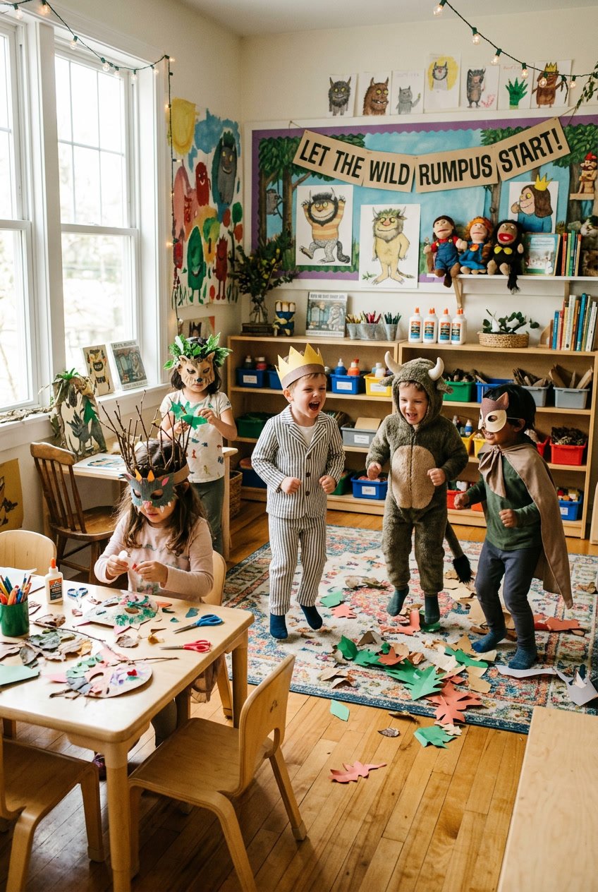 Children wearing handmade monster costumes playing and crafting together in a colorful classroom decorated with forest themed items.