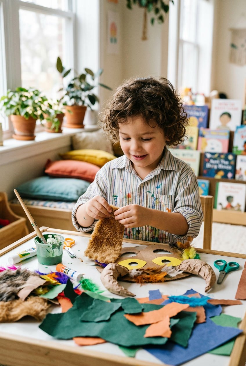 A child happily making a monster mask using craft materials in a bright, cozy room.