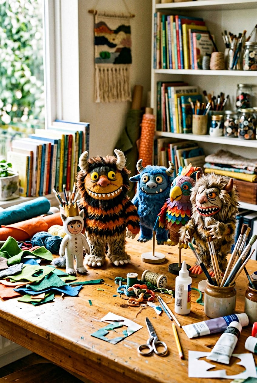 A craft table with handmade monster puppets, art supplies, and storybooks arranged for a creative storytelling activity.