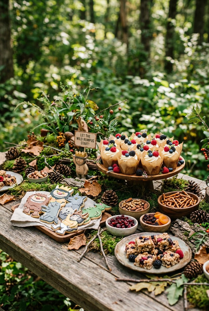 A table displaying wild themed snacks and treats surrounded by natural forest elements like pinecones, moss, and leaves.
