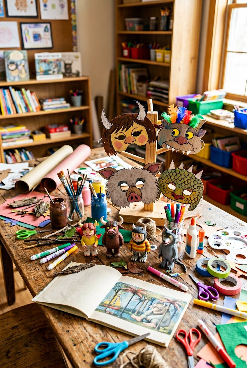 A table with craft supplies and handmade paper masks inspired by wild monster characters, set in a bright and cozy workspace.