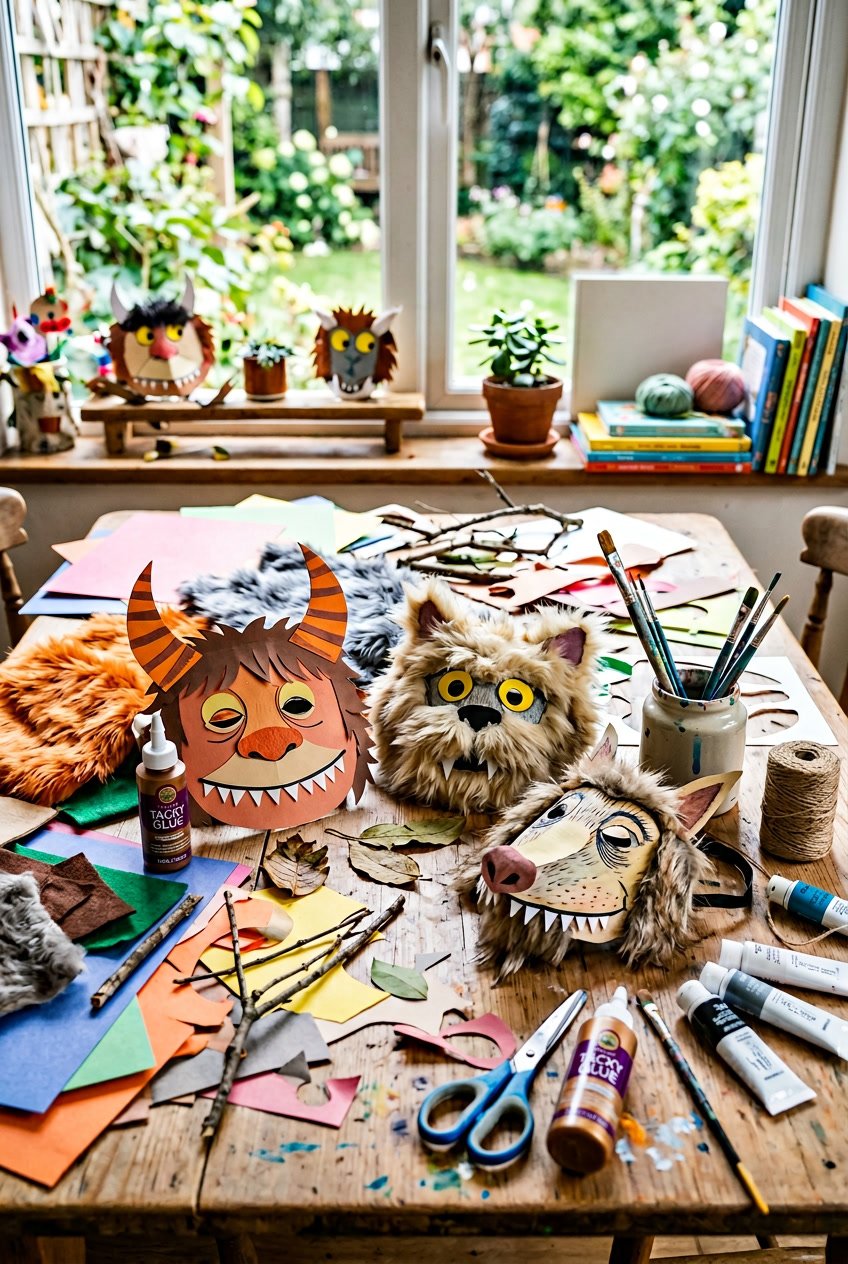 A craft workspace with handmade masks, fabric, and art supplies inspired by 'Where the Wild Things Are' on a wooden table.