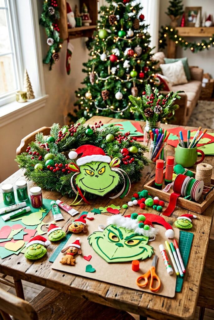 A festive crafting table with Grinch themed Christmas decorations and craft supplies arranged for making holiday crafts.