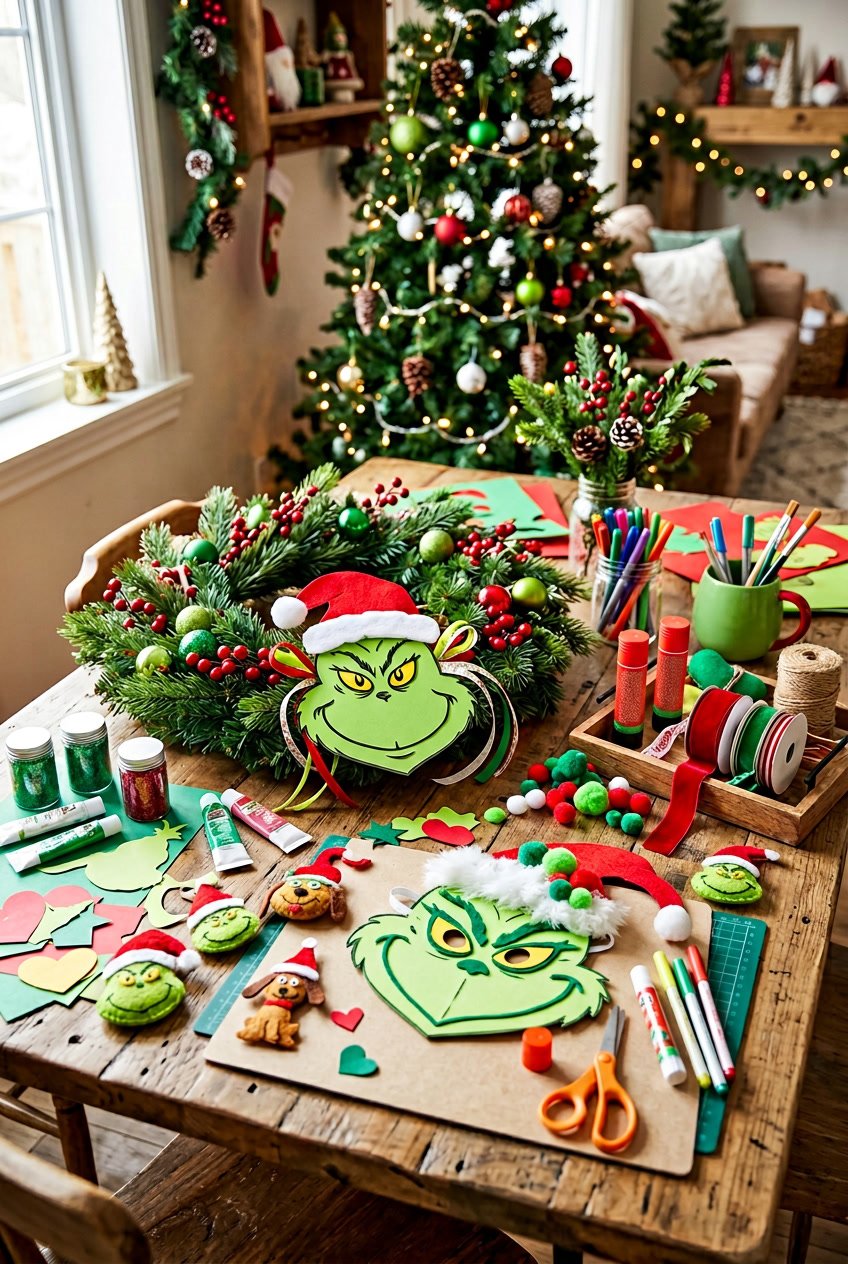 A festive crafting table with Grinch themed Christmas decorations and craft supplies arranged for making holiday crafts.