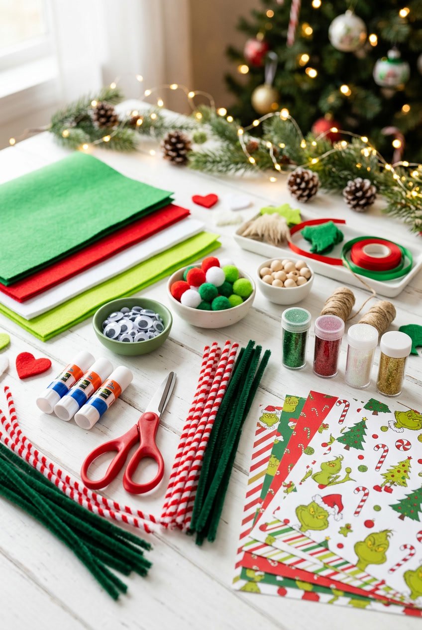 A table with various craft supplies for making Grinch themed Christmas decorations, including felt, googly eyes, pom poms, scissors, glue, and pipe cleaners.