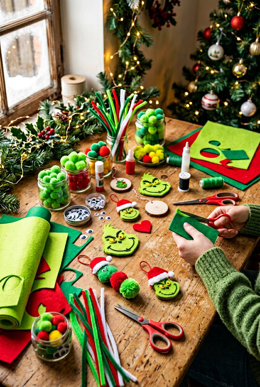 A table with various Christmas craft supplies and handmade Grinch themed decorations surrounded by festive holiday decor.