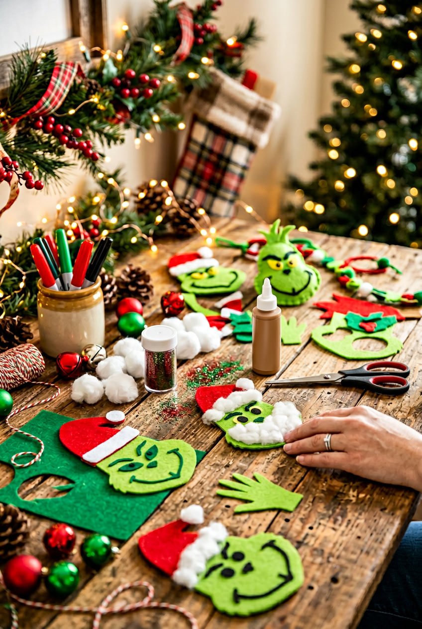 A holiday craft workspace with Grinch themed decorations and materials on a wooden table, surrounded by festive greenery and lights.