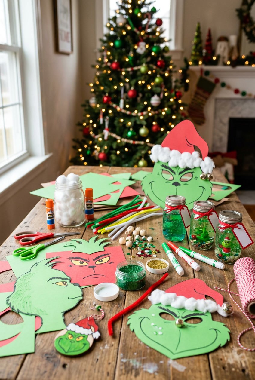 A table with various Grinch themed craft supplies and partially made holiday decorations in a cozy room.