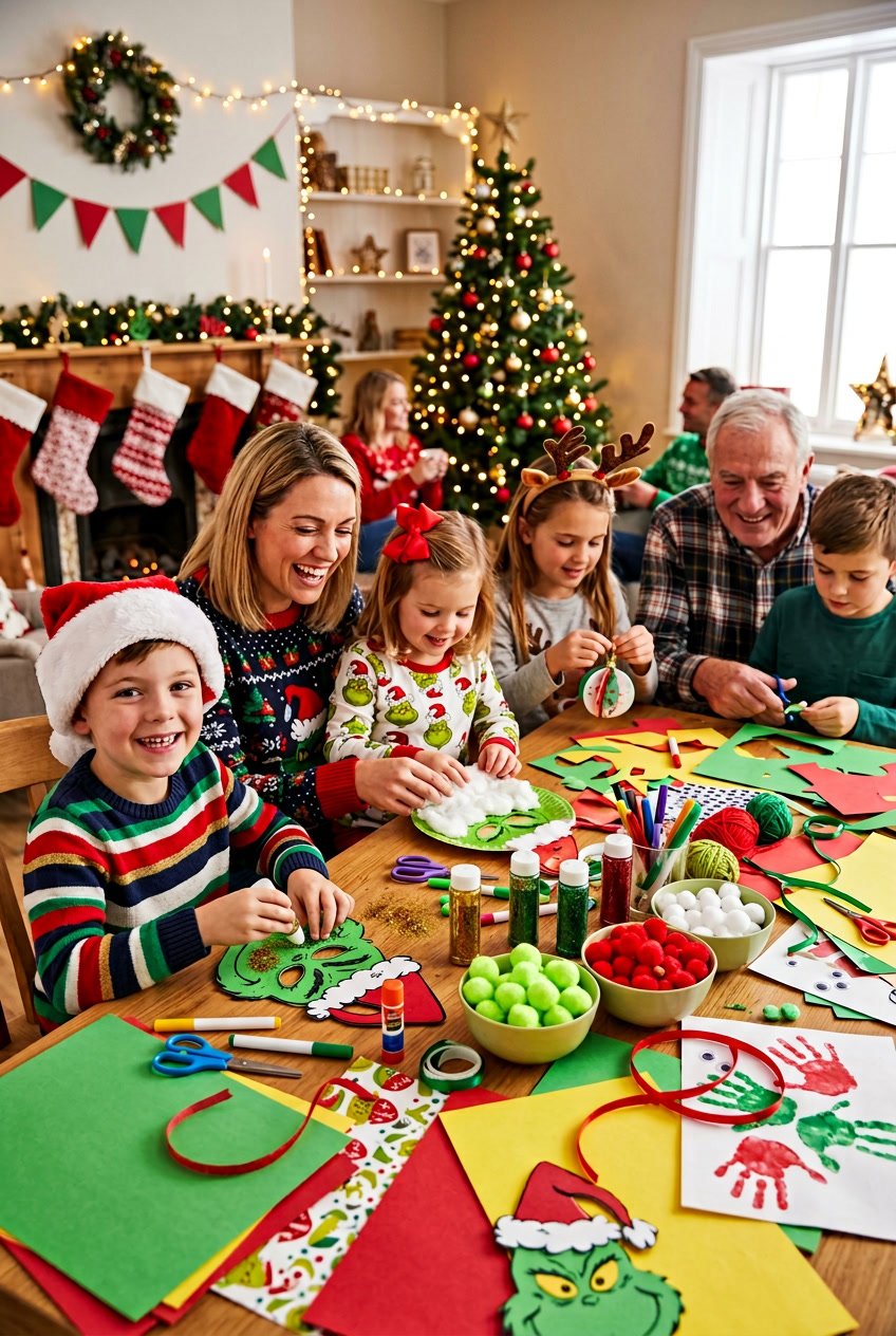 Children and adults making Grinch themed Christmas crafts together at a decorated table with festive supplies.