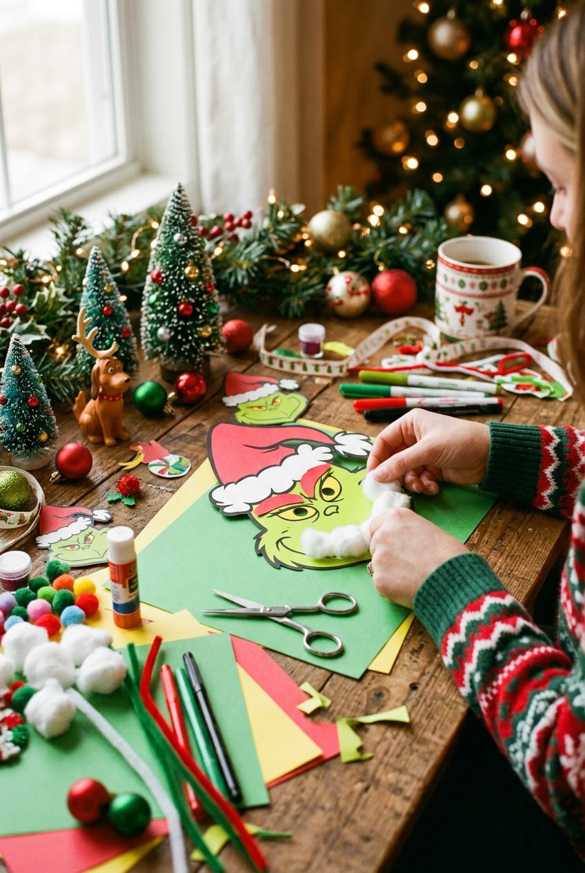 Hands making Christmas crafts with green and red materials and Grinch themed decorations on a festive table.