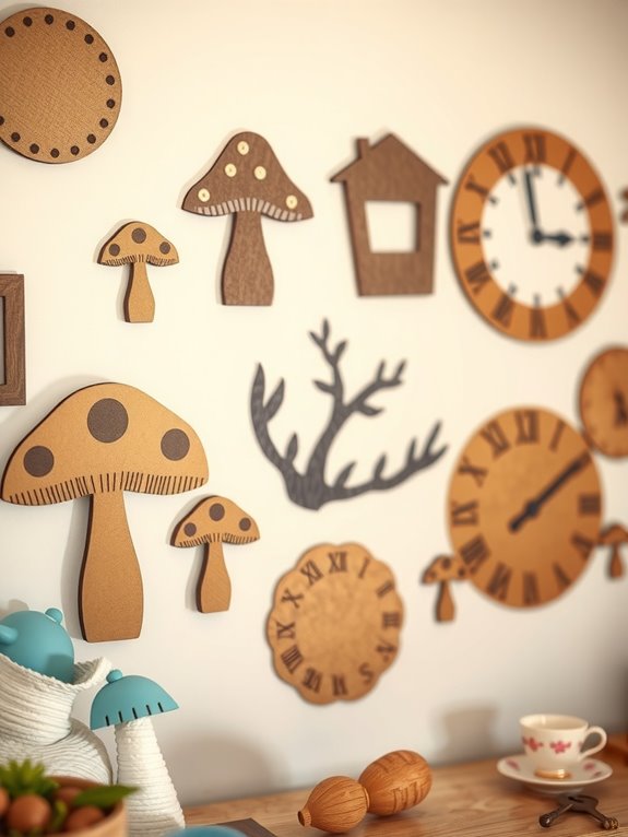 10 DIY Alice in Wonderland Decorations You Can Do Yourself at Home 8 cardboard wall art mushrooms and clocks