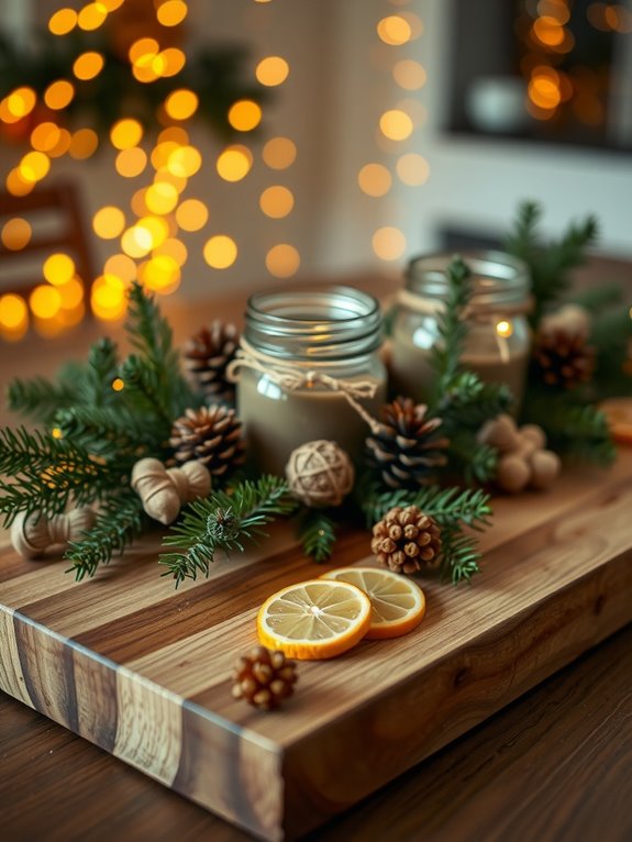 cutting board centerpiece with anchor greenery and lights