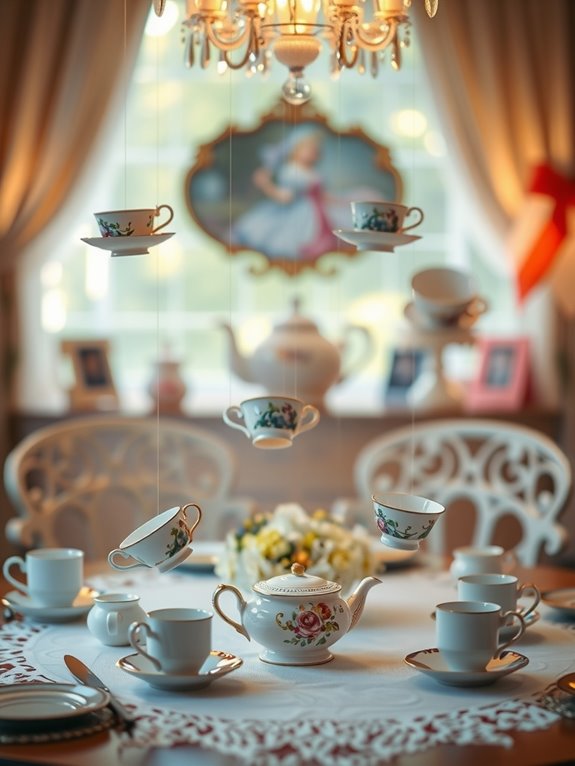 10 DIY Alice in Wonderland Decorations You Can Do Yourself at Home 4 floating teacup suspended centerpiece details