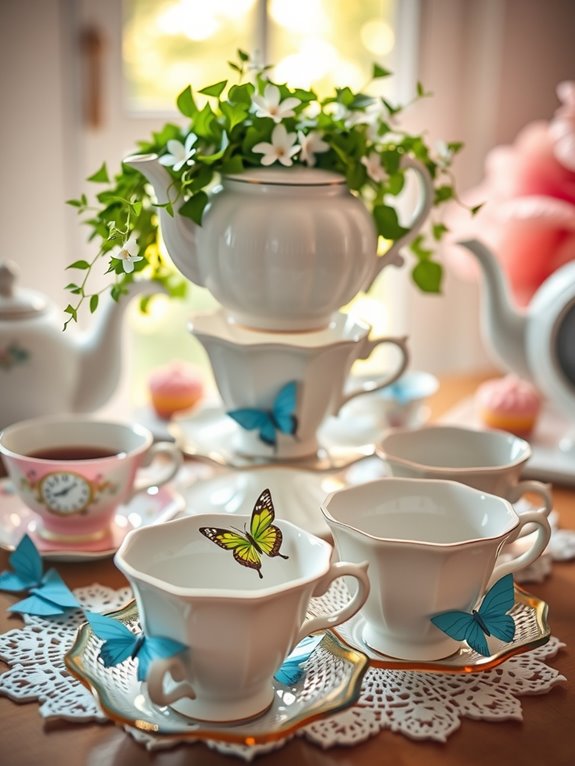 10 DIY Alice in Wonderland Decorations You Can Do Yourself at Home 3 vintage teacups create whimsical centerpieces